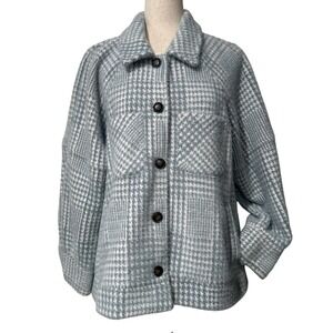 Greylin Anthropologie Houndstooth Blue Front Button Jacket Shacket Womens Large